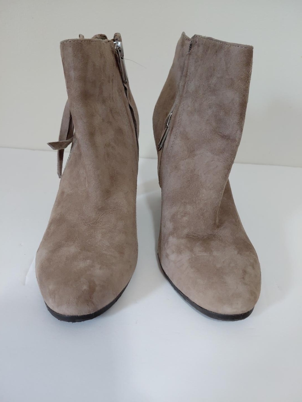 Sam Edelman Taupe Suede Ankle Booties with Side Zip and Buckle
